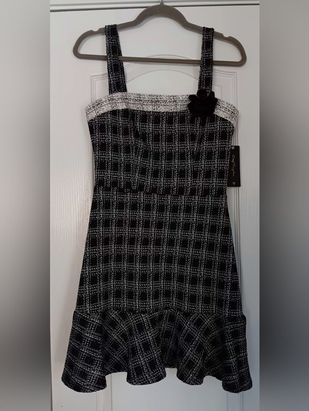City Triangles Black & White Tweed Plaid Mini Dress with Rosette Strap